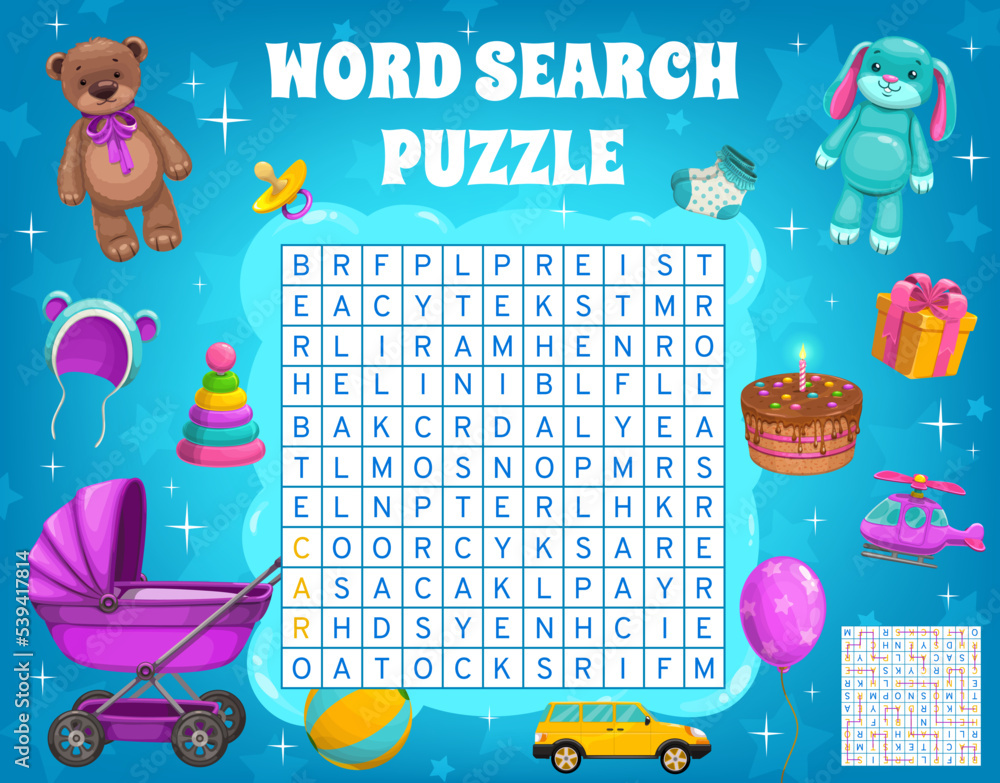 Cartoon kids toys word search puzzle worksheet kids quiz game Vector Cartoon kids toys word search puzzle worksheet kids quiz game Vector