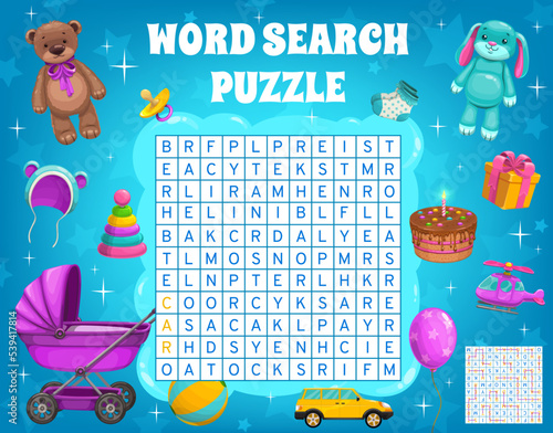 Cartoon kids toys word search puzzle worksheet, kids quiz game. Vector crossword grid with bear, pyramid, stroller and helicopter. Ball, balloon, cake and socks, pacifier, hare, baby hat and gift box