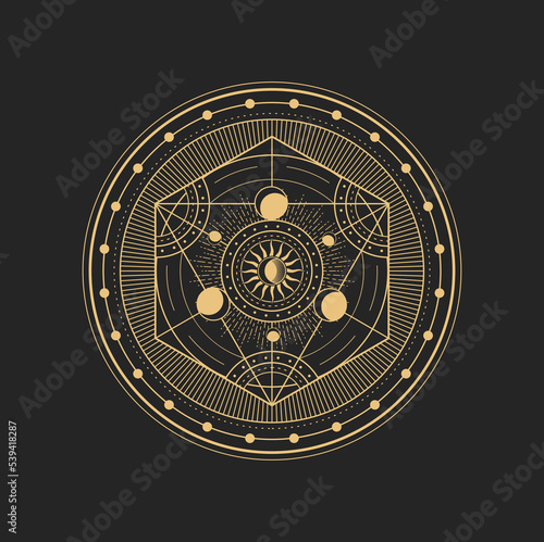 Esoteric occult vector sign with Moon, Sun and geometric figures inside of big circle. Alchemist pentagram, astrological amulet, isolated tarot symbol, spiritual magic talisman or mason emblem
