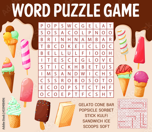 Ice cream cones and desserts, word search puzzle game worksheet, kids quiz grid. Vector crossword task for children with kulfi, gelato, bar, soft, popsicle, cone, stick, scoops, sandwich and sorbet