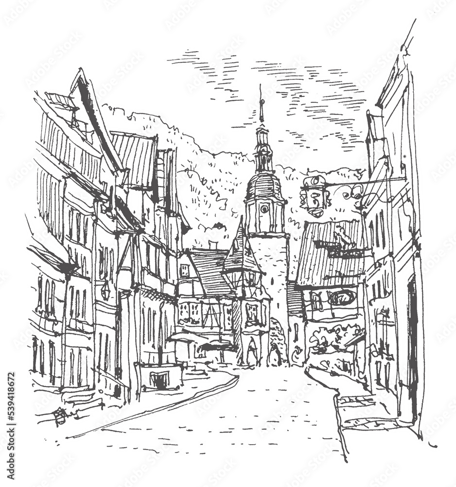 Obraz premium Travel sketch illustration of the Stolberg Sachsen-Anhalt, Germany. Sketchy line art drawing with a pen on paper. Hand-drawn old town. Urban sketch in black color on white background. Freehand drawing