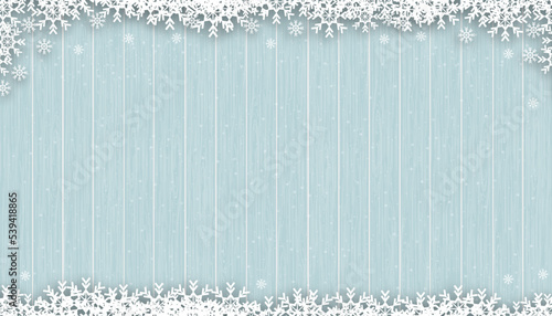 Christmas background with snowflakes on blue wood texture,Vector Winter scene with snowing on wooden panel texture,3D display banner backdrop for New Year 2023 or Christmas promotion