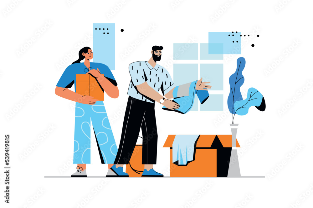 Donation concept with people scene in flat style. Man and woman donates clothes and giving other goods, collecting humanitarian parcel in cardboxes. Vector illustration with character design for web Donation concept with people scene in flat style. Man and woman donates clothes and giving other goods, collecting humanitarian parcel in cardboxes. Vector illustration with character design for web