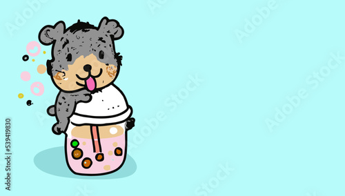 Lovely kawaii dog. Bubble tea  gourmet drinks  coffee and soft drinks. Vector illustration.
