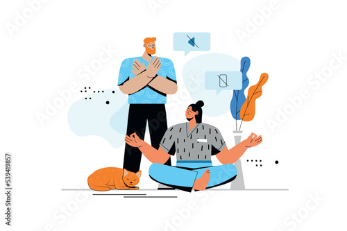 Digital detox concept with people scene in flat style. Man and woman leave gadgets and disconnect from networks to relax and improve mental health. Vector illustration with character design for web