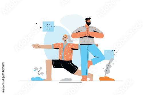 Yoga concept with people scene in flat style. Man and woman practice yoga asanas, do balance exercises in different positions and training at home. Vector illustration with character design for web