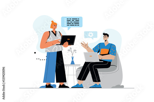 Programming concept with people scene in flat style. Man and woman developers working with abstract computer language code and scripts in office. Vector illustration with character design for web
