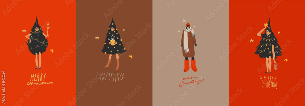 Hand drawn vector abstract graphic Merry Christmas and Happy new year illustration of people characters.People in costumes cards set.Merry Christmas people card design.Winter holiday art collection.