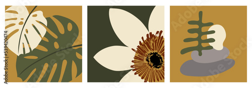 Square illustrations with flowers, plants and abstract shapes. Hand-painted drawing, design for printing postcards, posters, covers, wall decorations, stories on social networks.