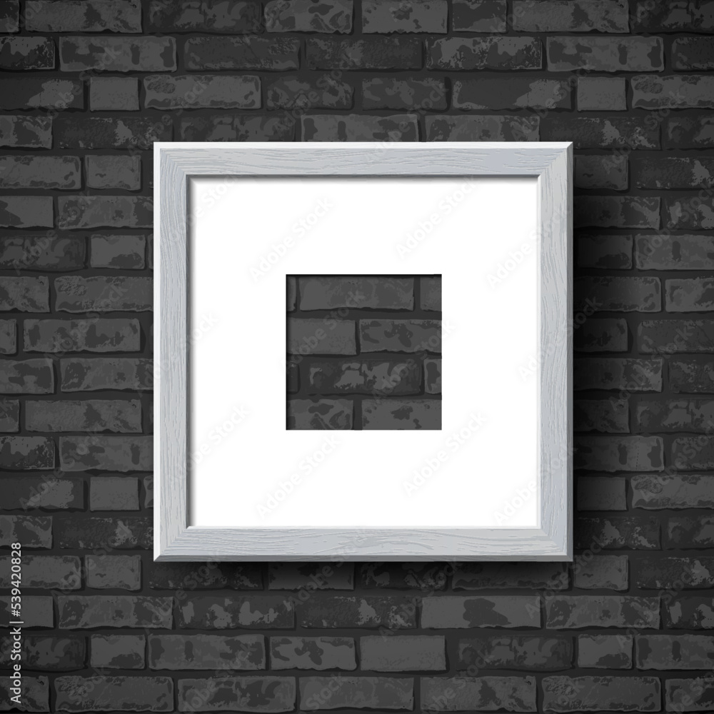 Empty Wooden Photo Frame. Vector Realistic white wood picture frame mockup template with shadow on grunge black brick wall background. Dark mock up for poster, photo gallery, painting, home interior Empty Wooden Photo Frame. Vector Realistic white wood picture frame mockup template with shadow on grunge black brick wall background. Dark mock up for poster, photo gallery, painting, home interior