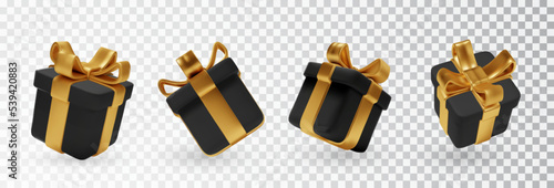 Set of black gift boxes with golden bows isolated. 3d render holiday surprise box. Vector Holiday decorations objects.