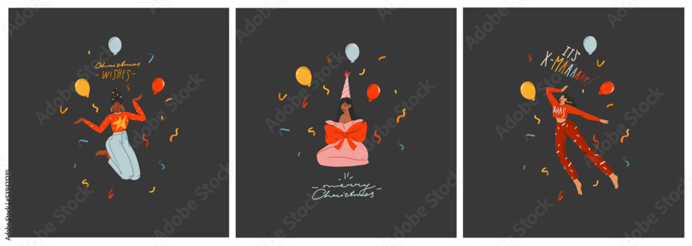 Hand drawn vector abstract graphic Merry Christmas and Happy new year illustration of people characters.People in costumes cards set.Merry Christmas people card design.Winter holiday art collection. Hand drawn vector abstract graphic Merry Christmas and Happy new year illustration of people characters.People in costumes cards set.Merry Christmas people card design.Winter holiday art collection.