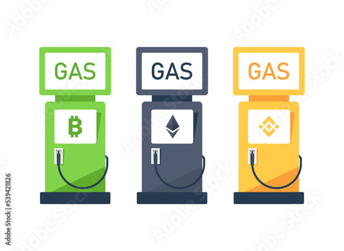 gas pump and crypto,transactions, fees, fees, gwei, ethereum, bnb, bitcoin,flat design icon vector illustration
