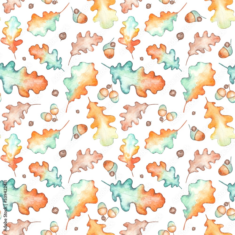 Seamless autumn pattern with bright watercolor oak leaves and acorns
