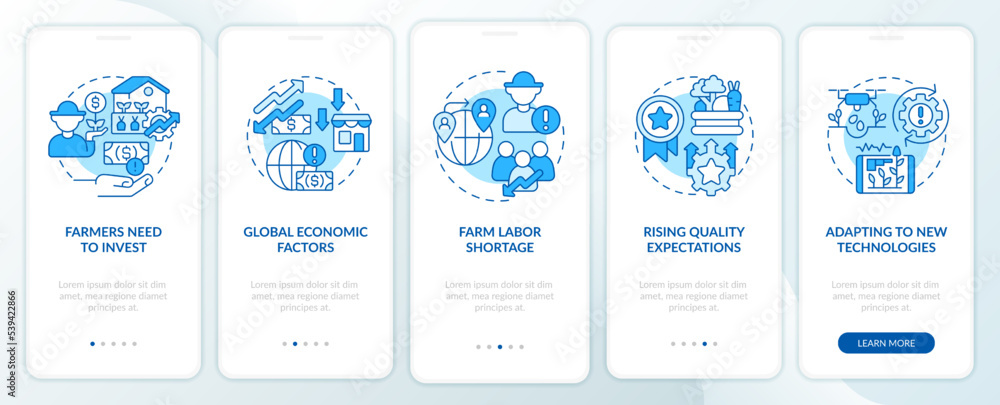 Global problems farmers face blue onboarding mobile app screen. Walkthrough 5 steps editable graphic instructions with linear concepts. UI, UX, GUI template. Myriad Pro-Bold, Regular fonts used