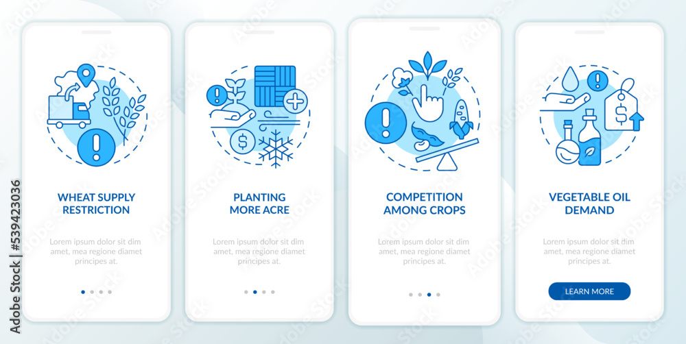 Agriculture challenges blue onboarding mobile app screen. Walkthrough 4 steps editable graphic instructions with linear concepts. UI, UX, GUI template. Myriad Pro-Bold, Regular fonts used