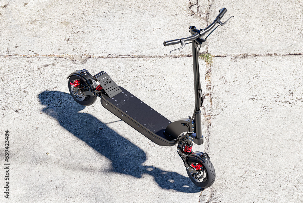 Professional electric scooter with suspension system - standing in an industrial scenery - 3d render