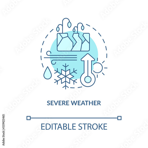 Severe weather impact turquoise concept icon. Farmers challenge face. Crops security abstract idea thin line illustration. Isolated outline drawing. Editable stroke. Arial, Myriad Pro-Bold fonts used