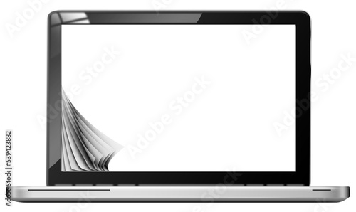 Stampa su tela 3D illustration of a modern laptop computer with blank screen and curled pages, isolated on transparent or white background, front view