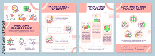 Problems farmers face red brochure template. Agro challenges. Leaflet design with linear icons. Editable 4 vector layouts for presentation, annual reports. Arial-Black, Myriad Pro-Regular fonts used