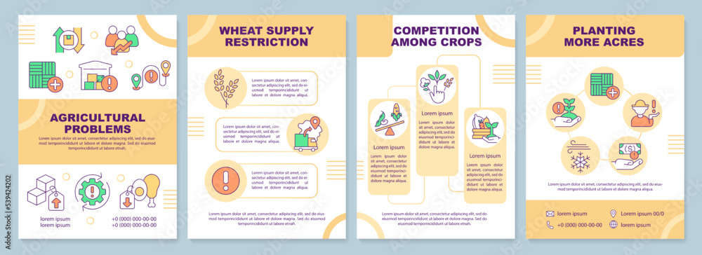 Agricultural problems orange brochure template. Farm issues. Leaflet design with linear icons. Editable 4 vector layouts for presentation, annual reports. Arial-Black, Myriad Pro-Regular fonts used