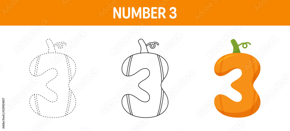 Number 3 Pumpkin tracing and coloring worksheet for kids