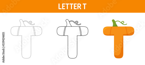 Letter T Pumpkin tracing and coloring worksheet for kids