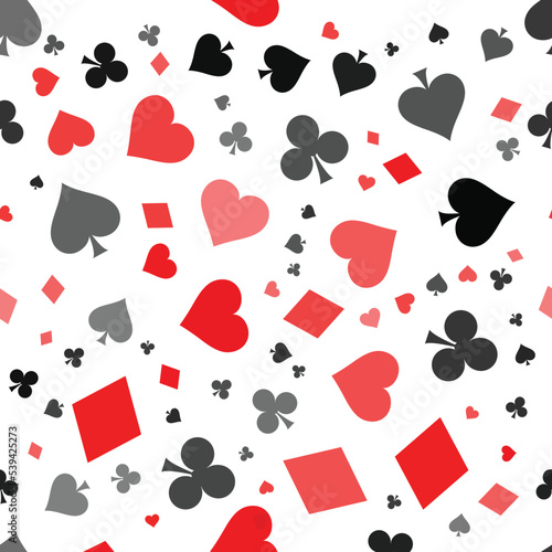 Seamless pattern with card suits - hearts, clubs, spades and diamonds. Casino gambling, poker background.