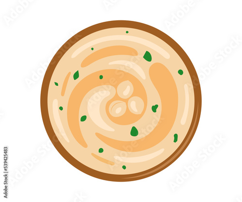 Chickpeas hummus, paste food in plate, top view. Traditional arabic food. Vegetarian vegan protein meal. Cream puree from bean. Vector illustration