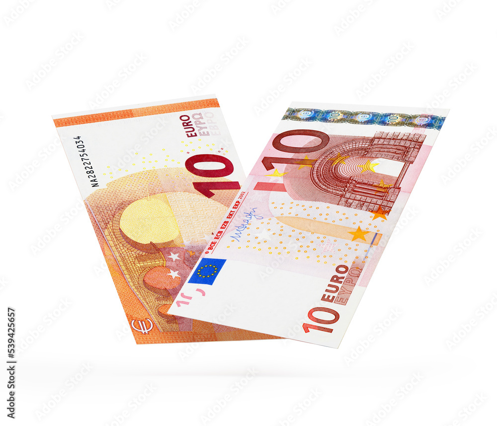 Banknotes in denominations of 10 euros isolated on a white background. 3D illustration Banknotes in denominations of 10 euros isolated on a white background. 3D illustration