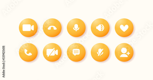 Set of Video call icons for online conference app. Yellow buttons for chat interface. Vector illustration for web or application design