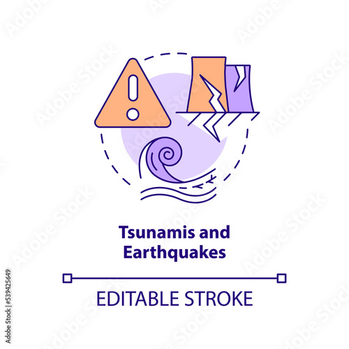 Tsunamis and earthquakes concept icon. Natural disaster risk. Nuclear event cause abstract idea thin line illustration. Isolated outline drawing. Editable stroke. Arial, Myriad Pro-Bold fonts used