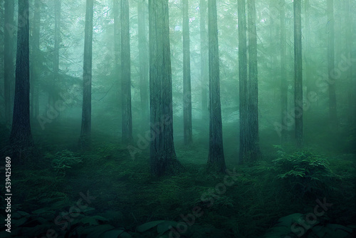 foggy autumn forest 3d illustration