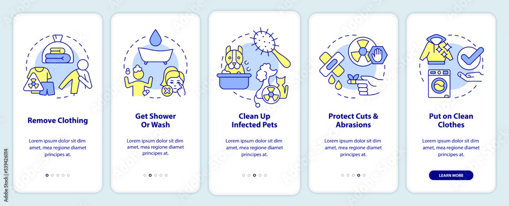 Decontaminate after radiation emergency onboarding mobile app screen. Walkthrough 5 steps editable graphic instructions with linear concepts. UI, UX, GUI template. Myriad Pro-Bold, Regular fonts used