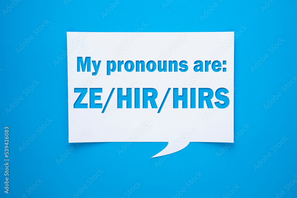 Neo pronouns concept, my pronouns are ze, hir, hirs text design with letter cutouts
