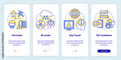 Survive during nuclear explosion onboarding mobile app screen. Safety walkthrough 4 steps editable graphic instructions with linear concepts. UI, UX, GUI template. Myriad Pro-Bold, Regular fonts used