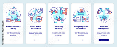 Public health preparedness onboarding mobile app screen. Radiation walkthrough 4 steps editable graphic instructions with linear concepts. UI, UX, GUI template. Myriad Pro-Bold, Regular fonts used