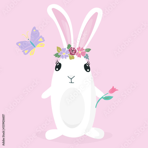 Cute cartoon girl baby bunny, funny white rabbit with flowers vector illustration