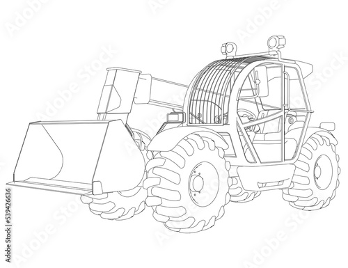 Excavator outline from black lines isolated on white background. Detailed tractor. Front view. 3D. Vector illustration. photo