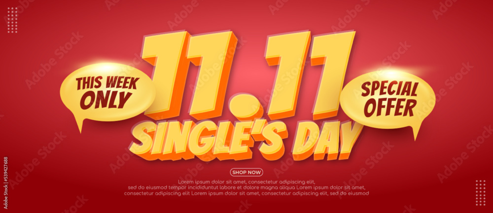 Realistic 11.11 single's day special offer banner template with red background
