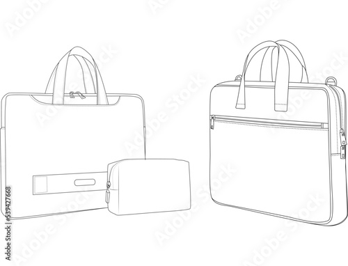 Stylish Laptop Bag, Duffle Bag, Briefcase with double slider zipper, Fashion Flats Sketch, vector illustration sketch Clip Art template isolated on white background