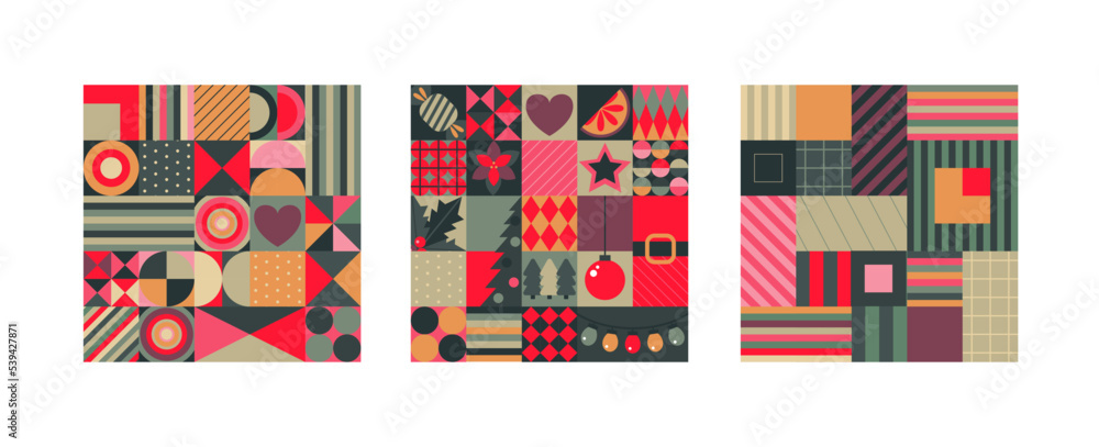 Set of three vector Christmas seamless patterns assembled from squares with Christmas symbols and geometric ornaments Set of three vector Christmas seamless patterns assembled from squares with Christmas symbols and geometric ornaments