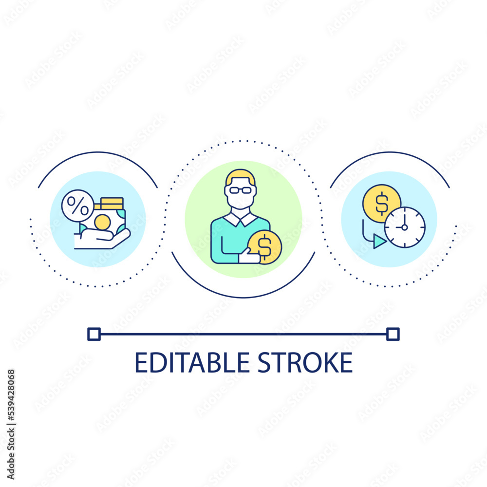 Loan specialist loop concept icon. Business credit bank assistant. Financial operations abstract idea thin line illustration. Isolated outline drawing. Editable stroke. Arial font used