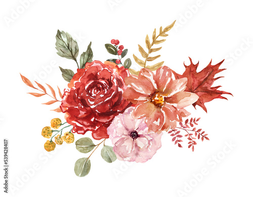 Watercolor floral arrangement  hand-painted botanical illustration. Fall flowers and foliage bouquet.