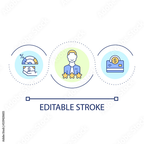 Good credit score loop concept icon. Person credit report. Creditworthiness. Responsible borrower abstract idea thin line illustration. Isolated outline drawing. Editable stroke. Arial font used