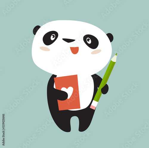 Cartoon panda writes with a pencil. Panda is learning. Cute panda. Panda with a notebook in his hands. Student, writer.