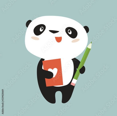 Vector cartoon panda writes with a pencil. Panda is learning. Cute panda. Panda with a notebook in his hands. Student, writer.