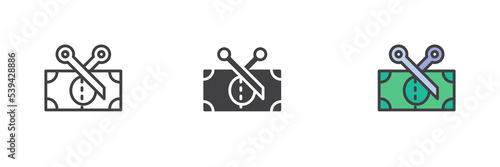 Scissors cutting money bill different style icon set