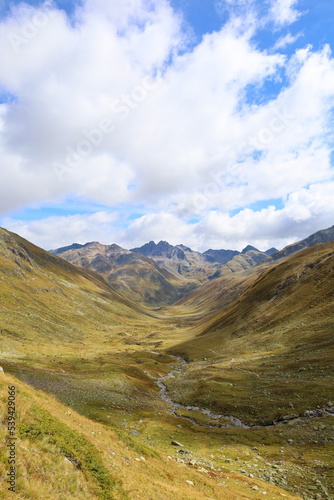 Sertig valley hiking trail leading from Bergün to Ravais lakes in Swiss Alps, Switzerland