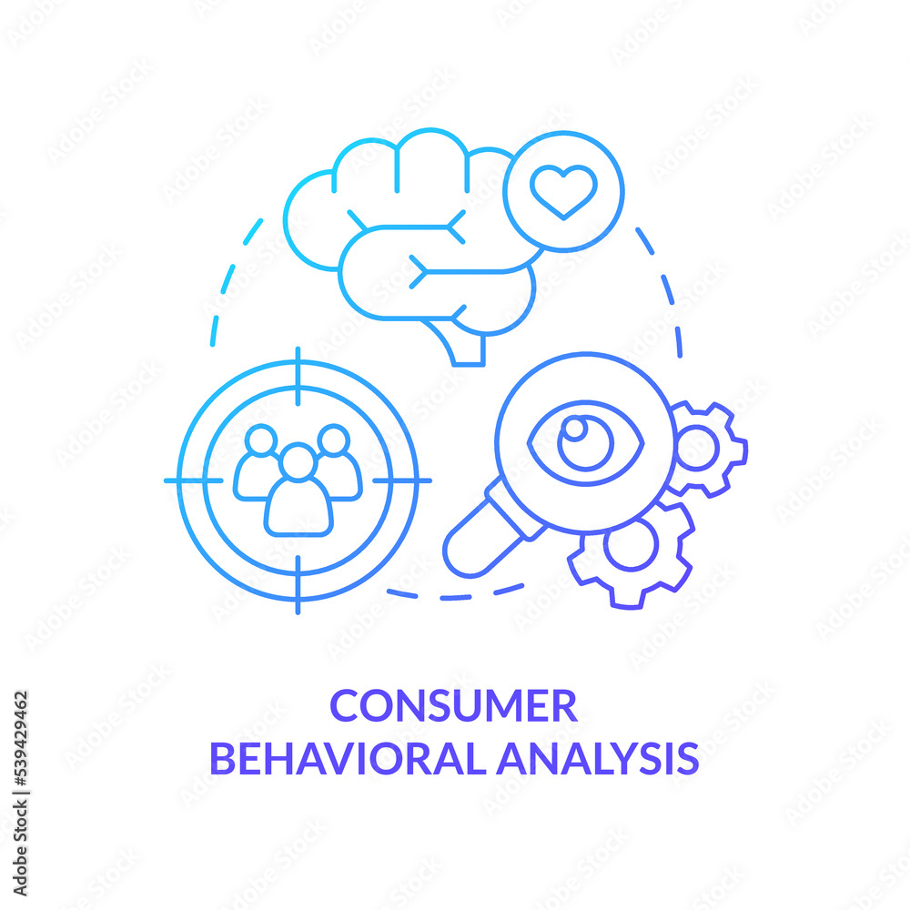 Consumer behavioral analysis concept blue gradient icon. Target audience research. Psychology marketing abstract idea thin line illustration. Isolated outline drawing. Myriad Pro-Bold font used Consumer behavioral analysis concept blue gradient icon. Target audience research. Psychology marketing abstract idea thin line illustration. Isolated outline drawing. Myriad Pro-Bold font used
